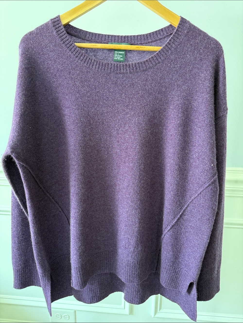 Griffen 100% Cashmere Sweater Women's L Large Purple Crew Neck Hi Low Pullover